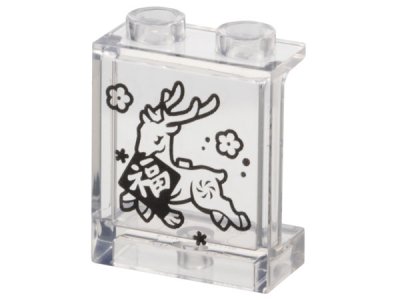 LEGO part Panel 1 x 2 x 2 with Side Supports - Hollow Studs with Black Deer Buck, Flowers, Dots and Chinese Logogram '福' (Wealth) Pattern (87552pb126)
