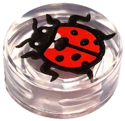LEGO part Tile, Round 1 x 1 with Ladybug, Small White Eyes and Black Antennae Pattern (98138pb447)