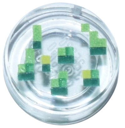LEGO part Tile, Round 1 x 1 with Pixelated Bright Green, Dark Green, Green and Lime Rectangles and Squares Pattern (Minecraft Wheat Seeds) (98138pb452)