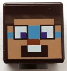 LEGO part Minifigure, Head, Modified Cube with Pixelated Nougat Face, Dark Azure around Dark Purple Eyes, Dark Orange Nose, and Surprised Pattern (Minecraft Steve) (19729pb077)