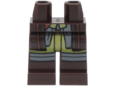LEGO part Hips and Legs with Coattails with Reddish Brown Stripes, Olive Green and Dark Bluish Gray Shirttails, Knee Wrappings Pattern (970c00pb1438)