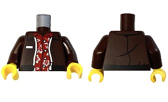 LEGO part Torso Jacket Open with Black Hem and Silver Zipper over Red Hawaiian Shirt with Flowers and Leaves Pattern / Dark Brown Arms / Yellow Hands (973pb5685c01)
