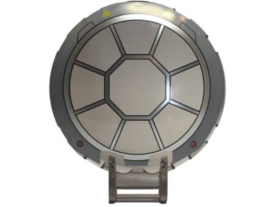 LEGO part Dish 6 x 6 Inverted with Bar Handle with SW 8 Spoke Radial Cockpit with Yellow Triangles and Red Dots Pattern (18675pb24)