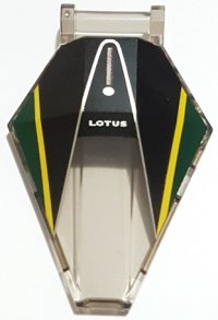 LEGO part Parabrezza 6 x 4 x 1 Esagonale con Manico Barra con Motivo 'LOTUS', Linee Argento e Gialle, Pannelli Neri e Verde Scuro 27262pb07