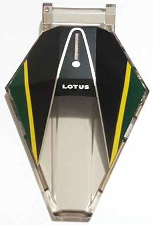 LEGO onderdeel Windscherm 6 x 4 x 1 Zeshoekig met Balk Handvat met 'LOTUS', Zilver en Gele Lijnen, Zwart en Donkergroen Panelenpatroon (27262pb07)