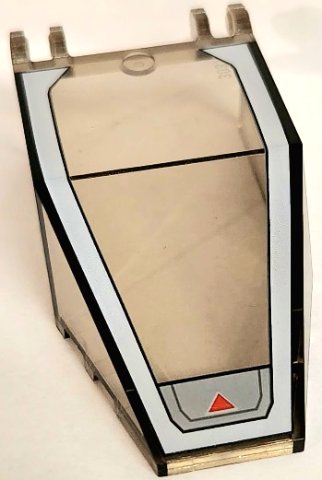LEGO part Windscreen 7 x 4 x 1 2/3 with Locking Dual 2 Fingers, 9 Teeth with SW Red Triangle Pattern (30372pb04)
