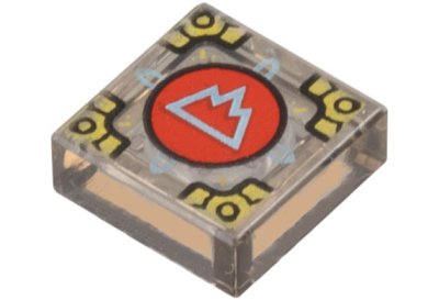 LEGO part Tile 1 x 1 with Metallic Light Blue Mountain on Red Circle (Symbol of Arborea) and Gold Corners Pattern (Dungeons & Dragons Cubic Gate) (3070pb366)
