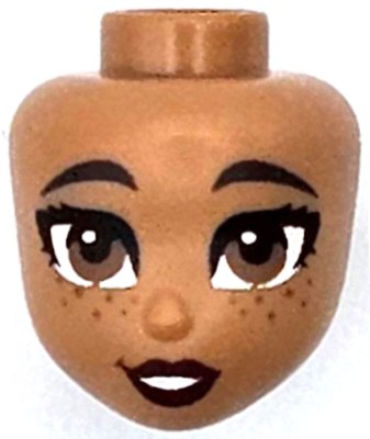 LEGO part Mini-Puppe, Kopf Freunde mit dunkelbraunen Augenbrauen, mittelbaunen Augen und Sommersprossen, dunkelrot Lippen, offenes Lächeln mit Zähnmuster (104934)