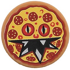 LEGO part Tile, Round 2 x 2 with Bottom Stud Holder with Pizza Pepperoni Scary Face Pattern (14769pb163)