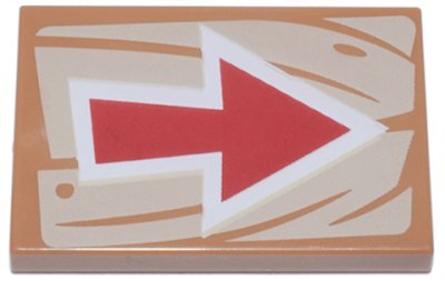 LEGO part Tile 2 x 3 with Red and White Arrow on Tan Wood Grain Background Pattern (26603pb091)