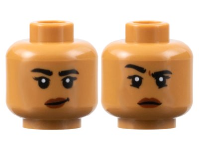 LEGO part Minifigure, Head Dual Sided Female, Black Eyebrows, Reddish Brown Lips, Lopsided Grin / Right Eyebrow Raised Pattern - Hollow Stud (3626pb2362)