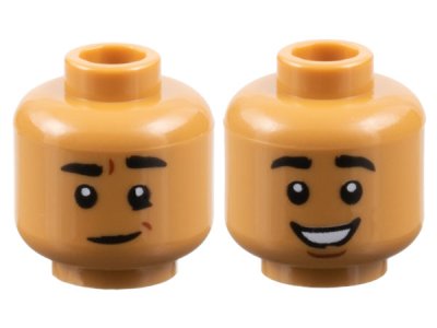 LEGO part Minifigure, Head Dual Sided Male Black Eyebrows, Lopsided Grin with Dimple / Open Mouth Smile with Teeth, Chin Dimple Pattern - Hollow Stud (3626pb2831)