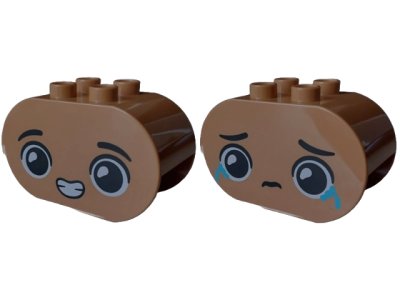 LEGO part Duplo, Brick 2 x 4 x 2 Rounded Ends with Faces with Black Eyebrows, Open Mouth Smile with White Teeth / Closed Mouth Sad, Crying Medium Azure Tears Pattern (4198pb69)