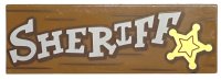 LEGO part Tile 2 x 6 with White 'SHERIFF', Gold Star and Reddish Brown Wood Grain Lines Pattern 69729pb072
