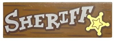 LEGO onderdeel Tile 2 x 6 with White 'SHERIFF', Gold Star and Reddish Brown Wood Grain Lines Pattern (69729pb072)