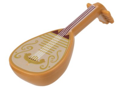 LEGO part Minifigure, Utensil Musical Instrument, Lute with Dark Red Neck, White Strings, and Tan Body with Gold Filigree Trim Pattern (80503pb02)