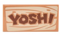 LEGO part Tile 2 x 4 with Reddish Brown 'YOSHI' on Tan Wood Grain Pattern 87079pb1189