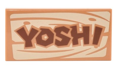 LEGO part Tile 2 x 4 with Reddish Brown 'YOSHI' on Tan Wood Grain Pattern (87079pb1189)
