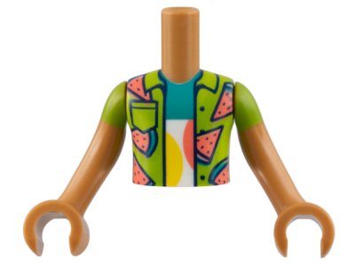 LEGO part Torso Mini Doll Boy Lime Shirt with Coral and Dark Turquoise Watermelon Slices Pattern, Medium Nougat Arms with Hands with Lime Short Sleeves (FTBpb078c01)