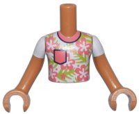 LEGO onderdeel Torso Mini Doll Boy White Shirt with Coral Flowers and Pocket and Lime Leaves Pattern, Medium Nougat Arms with Hands with White Short Sleeves FTBpb115c01