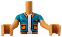 LEGO onderdeel Torso Mini Doll Boy Dark Turquoise Jacket with Orange Pockets, Collar and Hem over White T-Shirt Pattern, Medium Nougat Arms with Hands with Dark Turquoise Short Sleeves FTBpb131c01