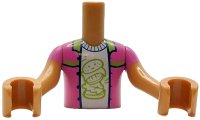 LEGO onderdeel Torso Mini Doll Boy Dark Pink Jacket with Lime Collar and Trim over White Shirt with Hamburger with Face Pattern, Medium Nougat Arms with Hands with Dark Pink Short Sleeves FTBpb134c01