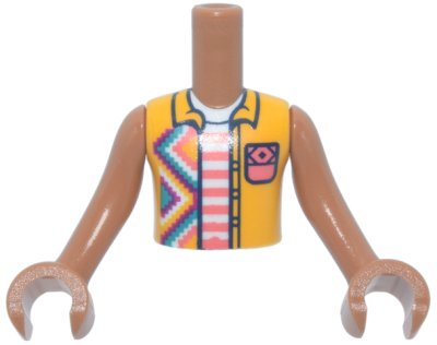 LEGO onderdeel Torso Mini Doll Boy Bright Light Orange Sleeveless Shirt Open with Geometric Diamonds over White and Coral Striped Shirt  Pattern, Medium Nougat Arms with Hands (FTBpb155c01)