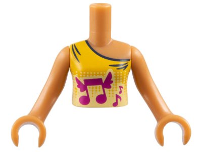 LEGO part Torso Mini Doll Girl  Bright Light Orange Vest Top with Winged Music Notes Pattern, Medium Nougat Arms with Hands (FTGpb180c01)