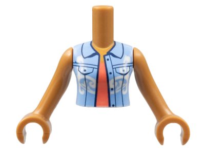 LEGO part Torso Mini Doll Woman Bright Light Blue Vest with White Filigree over Coral Shirt Pattern, Medium Nougat Arms with Hands (FTWpb364c01)