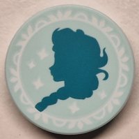 LEGO part Tile, Round 2 x 2 with Bottom Stud Holder with Dark Turquoise Elsa Silhouette and White Frame and Sparkles / Stars Pattern 14769pb663