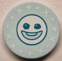 LEGO part Tile, Round 2 x 2 with Bottom Stud Holder with Dark Turquoise Snowgie Face and White Sparkles / Stars Pattern 14769pb664