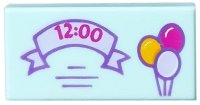LEGO part Piastrella 1 x 2 with Bright Light Orange, Lavender, and Magenta Balloons, '12:00' on Ribbon Pattern 3069pb0428