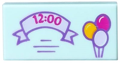 LEGO part Carreau 1 x 2 with Bright Light Orange, Lavender, and Magenta Balloons, '12:00' on Ribbon Pattern (3069pb0428)