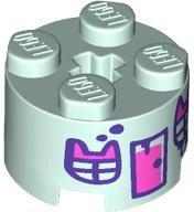 LEGO part Brick, Round 2 x 2 with Axle Hole with Dark Pink and Dark Purple Door, Paint Spots and Windows with Cat Ears Pattern (3941pb51)