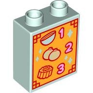 LEGO part Duplo, Brick 1 x 2 x 2 with Menu with Bowl, Tan Onions, Moon Cake, and Bright Pink Numbers 1, 2, and 3 on Bright Light Orange Background Pattern (4066pb789)