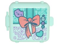 LEGO part Container, Box 3 x 8 x 6 2/3 Half Front with Present with Coral Bow, Medium Lavender Cat Face, Dark Turquoise Heart, and Ornament Pattern 64462pb11