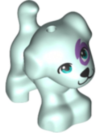 LEGO part Dog, Friends, Puppy, Standing with Dark Azure Eyes, Black Nose and Mouth, Medium Lavender Patch Pattern (93088pb12)