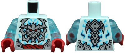 LEGO part Torso Silver Armor Plates, Dragon Skull with Horns and Red Eyes, Rope Belt, Medium Azure and Dark Blue Swirls Pattern / Trans-Light Blue Arms / Red Hands (973pb6151c01)