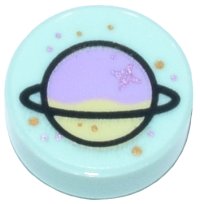 LEGO onderdeel Tile, Round 1 x 1 with Lavender and Yellowish Green Planet with Ring and Gold and Metallic Pink Spots Pattern 98138pb121