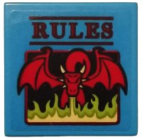 LEGO part Tile 2 x 2 with Red 'RULES' and Dragon Blowing Lime Flames on Dark Azure Background Pattern (Sticker) - Set 75810 3068pb1284