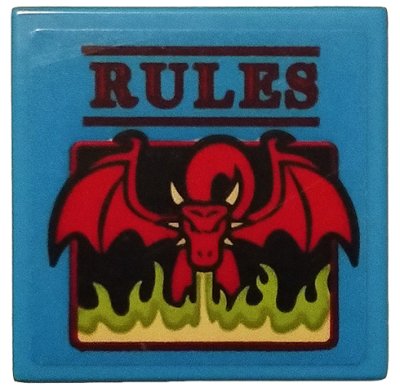 LEGO part Tile 2 x 2 with Red 'RULES' and Dragon Blowing Lime Flames on Dark Azure Background Pattern (Sticker) - Set 75810 (3068pb1284)