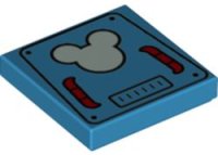 LEGO part Tile 2 x 2 with Bright Light Blue Mickey Mouse Logo on Hatch with Red Handles Pattern 3068pb1717