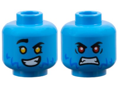 LEGO part Minifigure, Head Dual Sided Black Eyebrows, Blue Fur, White Teeth, Smile with Bright Light Orange Eyes / Scowl with Red Eyes Pattern - Vented Stud (3626pb3662)