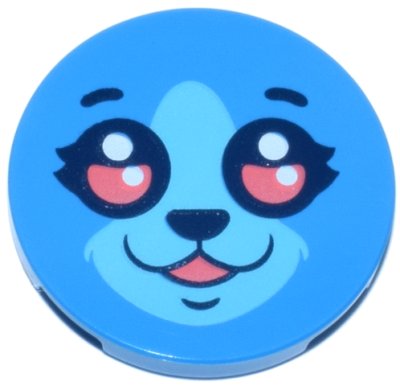 LEGO part Tile, Round 3 x 3 with Dark Blue Eyebrows, Eyelashes, Nose and Chin Dimple, Coral Eyes with White Highlights, Medium Azure Muzzle Fur, Open Mouth Smile Pattern (Dreamzzz Bunchu Face) (67095pb088)