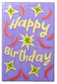 LEGO part Tile 2 x 3 with 'Happy Birthday', Bright Light Yellow and Lime Stars and Coral Streamers Pattern (BAM) 26603pb598
