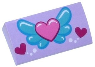LEGO part Slope, Curved 2 x 4 x 2/3 with Bottom Tubes with Pink Heart on Blue Wings, White Circles and 2 Magenta Hearts Pattern (88930pb051)