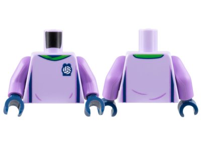 LEGO part Torso Soccer Uniform, Bright Green Collar, White Ball on Dark Blue Brick Logo, Dark Blue Side Stripes Pattern / Medium Lavender Arms / Dark Blue Hands (973pb4964c01)