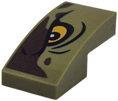 LEGO part Slope, Curved 2 x 1 x 2/3 with Dark Brown Markings, Bright Light Orange Eye with Black Outline and Wrinkles Pattern Model Left Side (11477pb242L)
