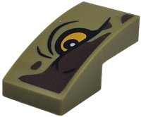 LEGO part Slope, Curved 2 x 1 x 2/3 with Dark Brown Markings, Bright Light Orange Eye with Black Outline and Wrinkles Pattern Model Right Side 11477pb242R