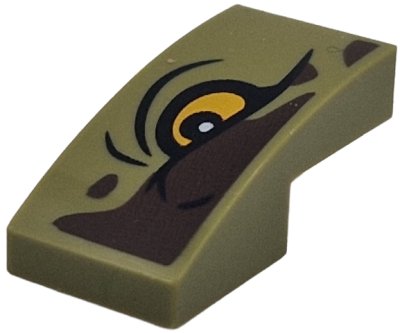 LEGO part Slope, Curved 2 x 1 x 2/3 with Dark Brown Markings, Bright Light Orange Eye with Black Outline and Wrinkles Pattern Model Right Side (11477pb242R)